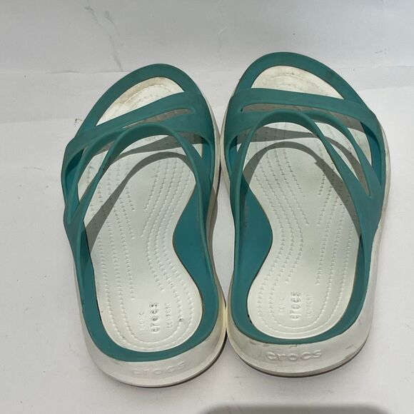 Crocs Women’s Aqua Teal Blue Slip On Swiftwater Strappy Slide Sandals Size 7 - Picture 6 of 11